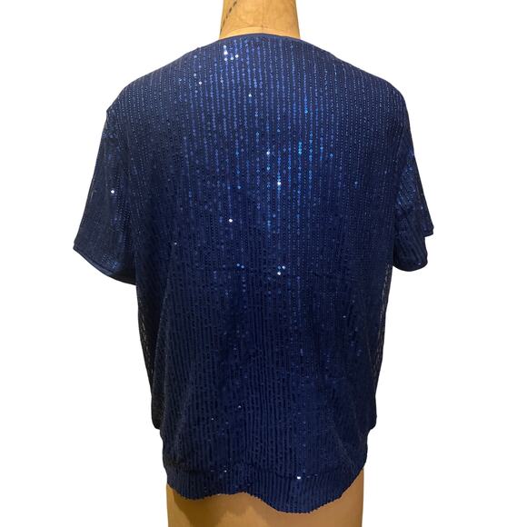 Women's Blue Sparkly Sequin Crew Neck Short Sleeve Top Blouse Tee Size 2XL - Picture 2 of 7
